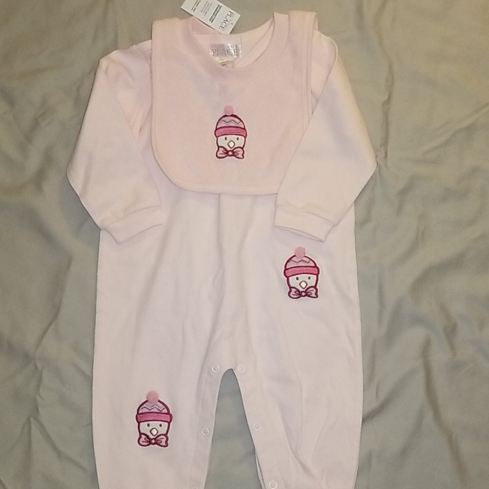 NWT 12 months Pink one piece with bib.